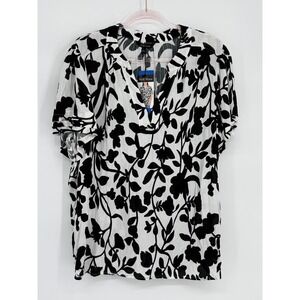 Well Worn Womens Black White Floral Split Neck Viscose Blouse NEW Sz L